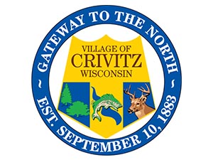 Historical Society logo. Text Gateway to the North, Village of Crivitz, Wisconsin, Est September 10, 1883.