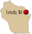 Wisconsin shape with Crivitz, Wisconsin pinned.
