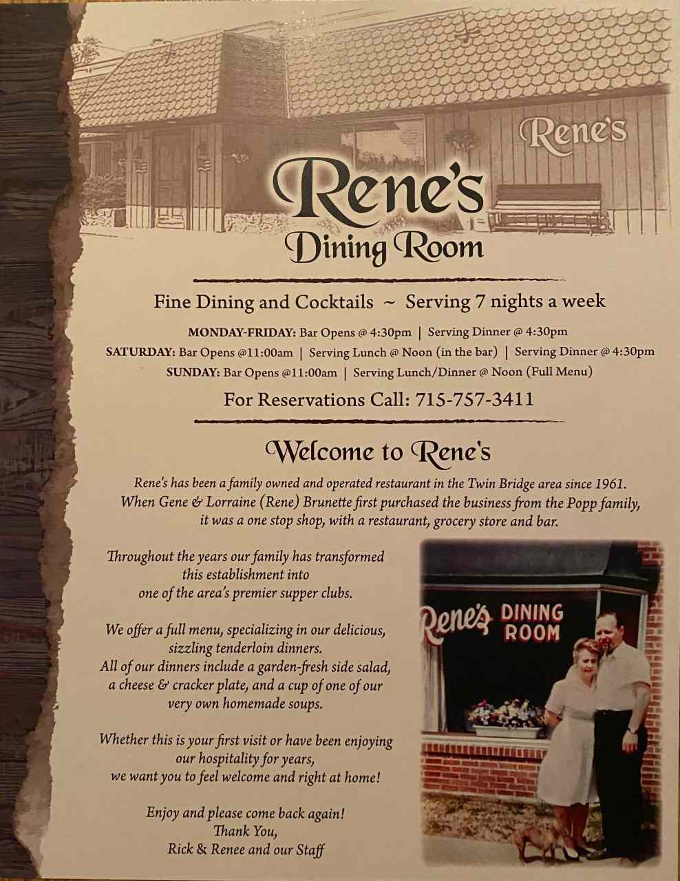 Rene's Dining Room menu front page